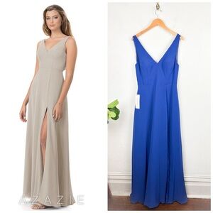 Azazie Women's Maxi Dress in Beige and Blue